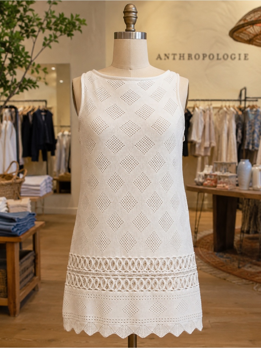 Anthropologie Ivory Open Knit Crochet Swim Cover Up Tunic Medium